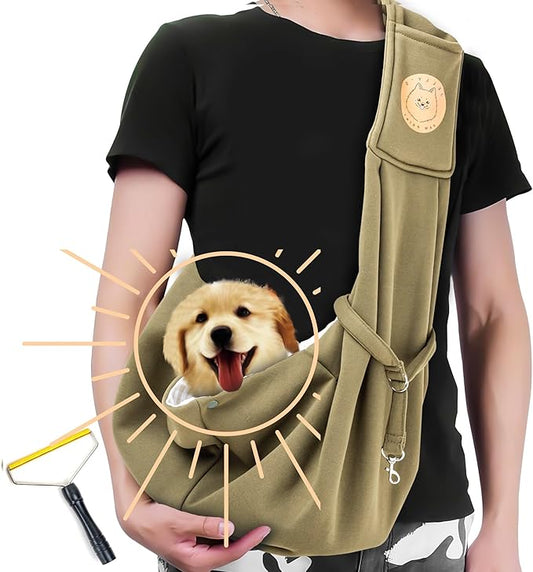 Pet Carrier Portable Sling with Pet Hair Remover, Hands-Free Pet Chest Bag, Escape Proof, Adjustable Shoulder Strap with Zipper Pockets Suitable for Small Size Dogs Cats Puppy Kitten (Army Green)