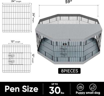 PJYuCien Puppy Playpen，8 Panels 24”H Dog Playpen with Gery Bottom Pad and Grey Top Cover，Metal Foldable Dog Exercise Pen for Indoor，Better for Small Pets