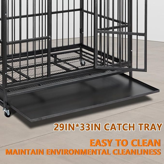 48 “ Heavy Duty Dog Crate, Cage Kennel with Wheels&Brakes, High Anxiety Indestructible, Sturdy Locks Design, Double Door and Removable Tray, for Large Pets