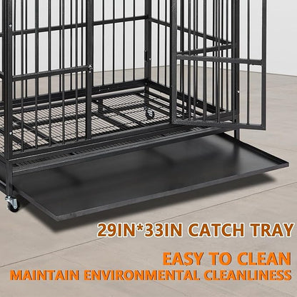48 “ Heavy Duty Dog Crate, Cage Kennel with Wheels&Brakes, High Anxiety Indestructible, Sturdy Locks Design, Double Door and Removable Tray, for Large Pets