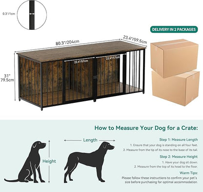 DWVO Double Dog Kennel Furniture, 80.2" Dog Cage Furniture with Divider, Double Dog Crate TV Stand for 2 Medium Dogs, Brown