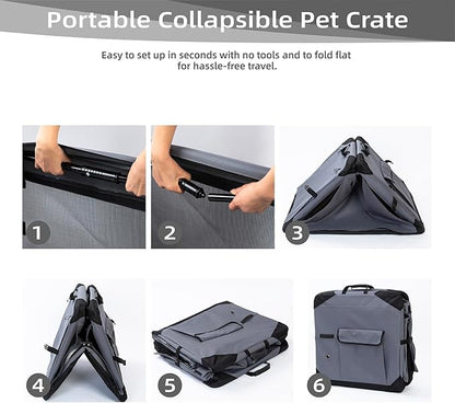 Pettycare 30 Inch Collapsible Dog Crate with Curtains Travel Dog Crate for Airflow and Calm Soft Pet Kennel with Portable Bag and More Chew Proof Mesh Indoor & Outdoor Grey 4 Door Curtains