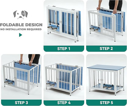 YITAHOME 39.3" Foldable Dog Crate Furniture, Portable Wooden Kennel End Table with Adjustable Feet & 360° Rotatable Bowls, Perfect for Small to Medium Dogs, Blue