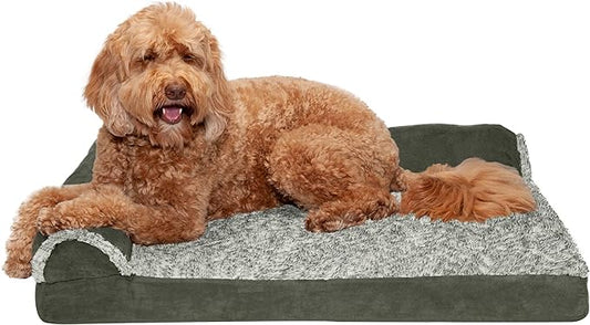 Furhaven Orthopedic Dog Bed for Large/Medium Dogs w/ Removable Bolsters & Washable Cover, For Dogs Up to 55 lbs - Two-Tone Plush Faux Fur & Suede L Shaped Chaise - Dark Sage, Large