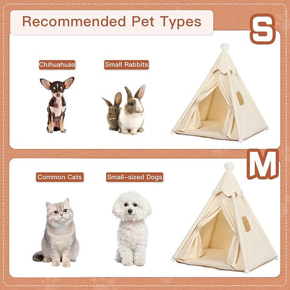 Pet Teepee Tent House for Large Cat & Small Dogs 20x20x20in, Small Dog House for Pugs, Large Cat House for Fat Cats, More Stable, Indoor, M for Pets Up to 20lbs, White