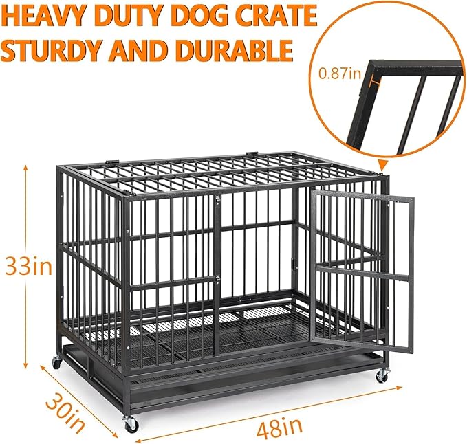 48 “ Heavy Duty Dog Crate, Cage Kennel with Wheels&Brakes, High Anxiety Indestructible, Sturdy Locks Design, Double Door and Removable Tray, for Large Pets