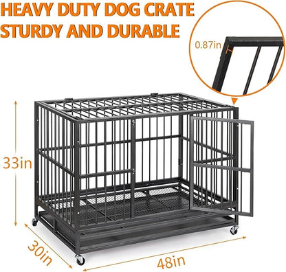 48 “ Heavy Duty Dog Crate, Cage Kennel with Wheels&Brakes, High Anxiety Indestructible, Sturdy Locks Design, Double Door and Removable Tray, for Large Pets