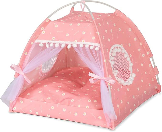Gigreinc Cat Princess Indoor Tent House Pet Dog Cute Floral Cave Nest Bed Portable Dog Tents (M:38x38x36cm/15x15x14inch, Daisy Pink)