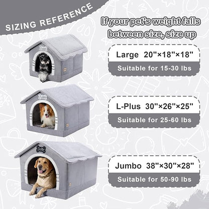 Jiupety Indoor Dog House with Frame, Large Dog Cave Bed, Insulated Cozy, Suitable for 25-60 lb, Large Plus (30"×26"×25"), Gray