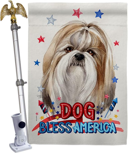 Breeze Decor Patriotic Shih Tzu House Flag Eagle Set Dog Puppy Spoiled Paw Canine Fur Pet Nature Farm Animal Creature Decoration Banner Small Garden Yard Gift Double-Sided, Made in USA