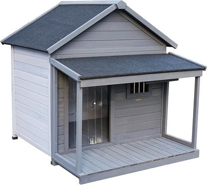 Outdoor Large Dogs House with Spacious Terrace,Open Waterproof Asphalt Roof Dog Kennel W/Breathable Window and Door Curtain,Fir Wood Dog Cage for Large Dogs,Easy to Assemble,Gray