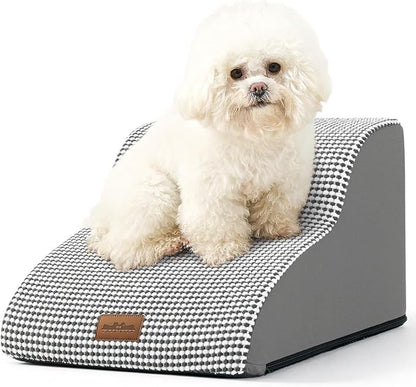 Curved Dog Stairs for Chair, Small Dogs Steps for Cat, Sofa or Couch, Pet Ramp with Leakproof Fabric Cover, Lightweight, High Density Foam, Durable, 15.7x19.7x11.8in, 2 Tiers, White Black