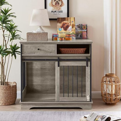 Dog Crate Wooden Furniture Dog Crate with Drawers Furniture Style Dog Cage with Side Door for Medium and Large Dogs,35.43" x 23.62" x 33.46",Grey