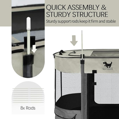Rest-Eazzzy Dog Playpen, Foldable Kitten Playpen for Medium Dogs, Portable Pet Puppy Playpen with Removable Shade Cover, Indoor Outdoor Travel Camping Use for Small Pets with Carrying Case (L, Grey)