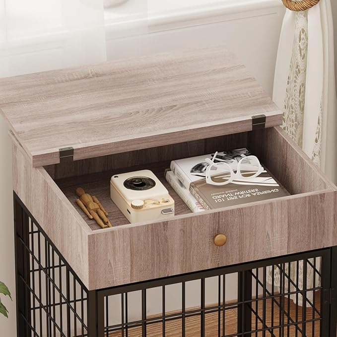 Small Dog Crate End Table,Dog Crate Furniture, Dog Kennel End Table with Storage Drawer, Chew-Proof Metal Fence, Lockable Door, Wooden Pet Cage Side Table Indoor