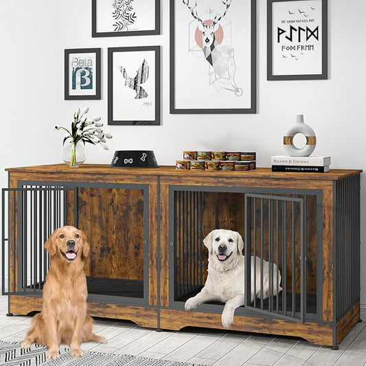 75 Inch Double Dog Crate Furniture, 3 in 1 Dog Cage for Large Dogs, Durable Brown TV Stand Dog Crate with Trays and Divider, Double Dog Kennel for 2 Dogs