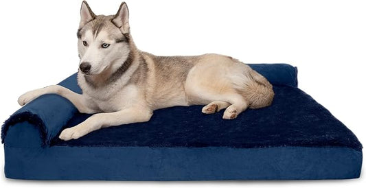 Furhaven Memory Foam Dog Bed for Large Dogs w/ Removable Bolsters & Washable Cover, For Dogs Up to 95 lbs - Plush & Velvet L Shaped Chaise - Deep Sapphire, Jumbo/XL