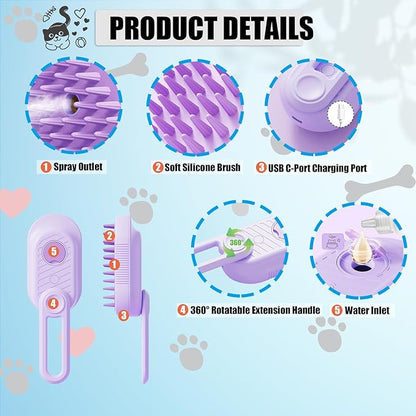 Steam Brush for Cats Dog Fur Misting Brush Rabbit Brush for Shedding Grooming with Charging Cable and Collapsible Handle ALD-002-P (Purple)