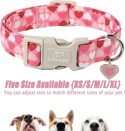 Valentine's Day Dog Collar - Cute Pink Valentines Dog Collar Girl Boy Durable Adjustable Love Heart Pattern Charm Dog Collars for Small Medium Large Dogs XS