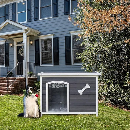 Large Wooden Dog House, Indoor Wooden Dog Kennel with Waterproof Protective Cover, Elevated Flooring Outdoor Windproof Dog Cage for Medium to Large Dogs, Weatherproof Puppy Shelter