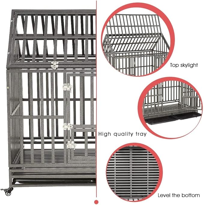 SMONTER 48" Heavy Duty Dog Crate Strong Metal Cage House Shape Pet Kennel Crate Playpen with 4 Locking Wheels