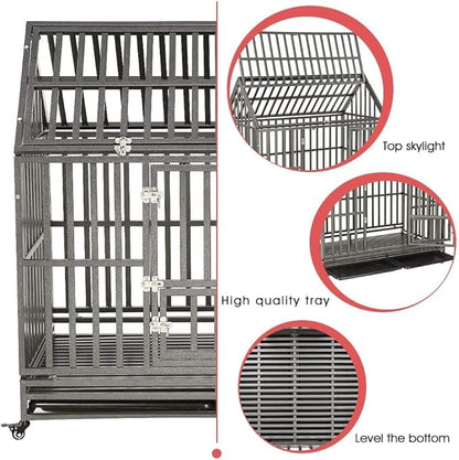 SMONTER 48" Heavy Duty Dog Crate Strong Metal Cage House Shape Pet Kennel Crate Playpen with 4 Locking Wheels
