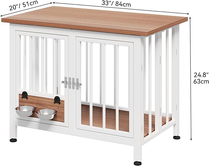 YITAHOME 33" Foldable Dog Crate Furniture, Portable Wooden Kennel End Table with Adjustable Feet & 360° Rotatable Bowls, Perfect for Small to Medium Dogs, Brown