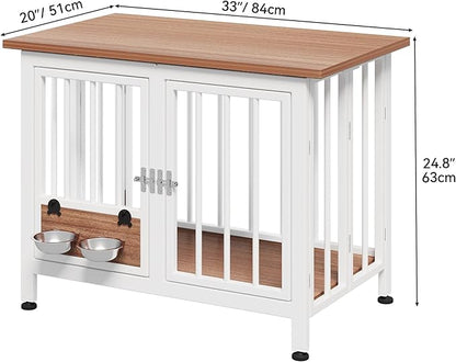 YITAHOME 33" Foldable Dog Crate Furniture, Portable Wooden Kennel End Table with Adjustable Feet & 360° Rotatable Bowls, Perfect for Small to Medium Dogs, Brown