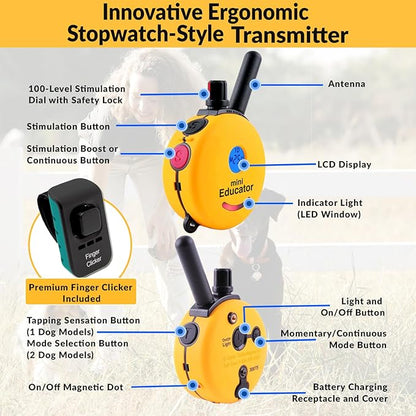 E-Collar – Educator ET-300-1/2 Mile Waterproof Remote Dog Training Collar Includes Premium Finger Clicker Trainer, 100 Programmable Levels + Vibration + Light + Sound