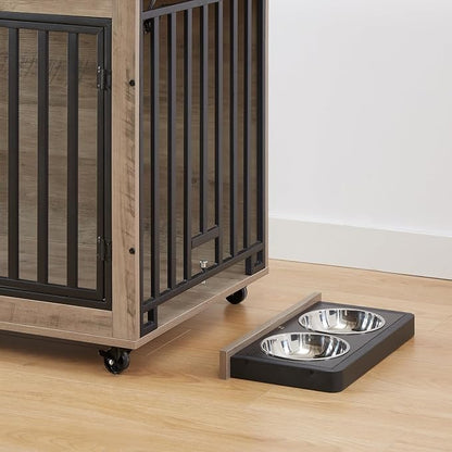 Dog Crate Furniture, Dog House Indoor with Feeding Bowl and Wheels, Wood Dog Crate Dog Kennels Decorative Dog Crate for Small Medium Dogs Grey 38.58" W x 25.2" D x 27.17" H One Size