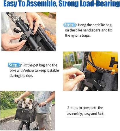 Dog Bike Basket Carrier, Pet Bicycle Front Carrier Backpack for Bike Riding Foldable Removable, Reflective Strips, 2 Side Storage Pockets, Pet Travel Bag for Cats Small Dogs
