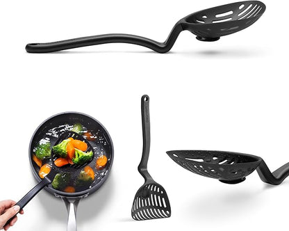 Dreamfarm Lestrain 2-in-1 Drip-Catching Sit-Up Slotted Cooking Spoon Scoop & Strainer - 11" Black
