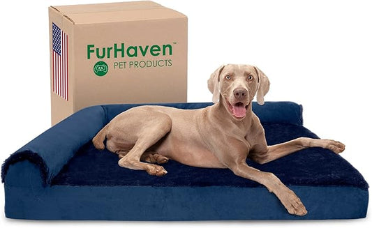 Furhaven Memory Foam Dog Bed for Large Dogs w/ Removable Bolsters & Washable Cover, For Dogs Up to 125 lbs - Plush & Velvet L Shaped Chaise - Deep Sapphire, Jumbo Plus/XXL