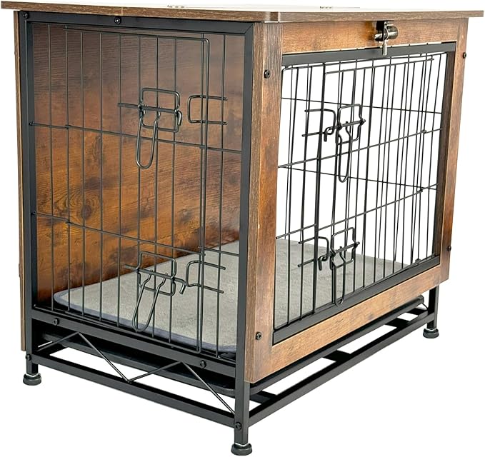 Dog Crate Furniture for Small Dogs, Decorative Wooden Dog Kennel Cage House Indoor for Puppy Pet with Tray Cushion Foldable Top, Storage Playpen, End Side Table,Small,25" L,Rustic Brown