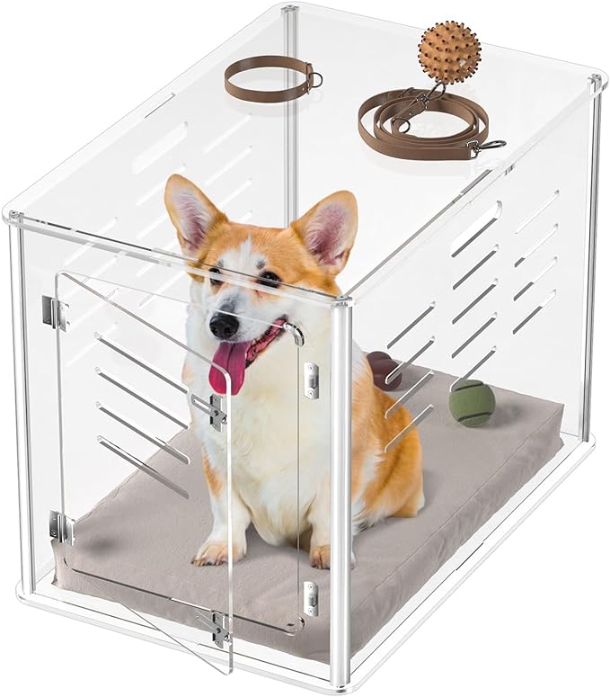Sumerflos Acrylic Dog Crate Furniture - Clear Dog Kennel End Table for Small & Medium Dogs Up to 45lb Indoor Lockable Heavy-Duty Ventilated, 29.92" L x 20.08" W x 22.24" H