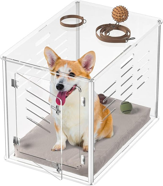 Sumerflos Acrylic Dog Crate Furniture - Clear Dog Kennel End Table for Small & Medium Dogs Up to 45lb Indoor Lockable Heavy-Duty Ventilated, 29.92" L x 20.08" W x 22.24" H