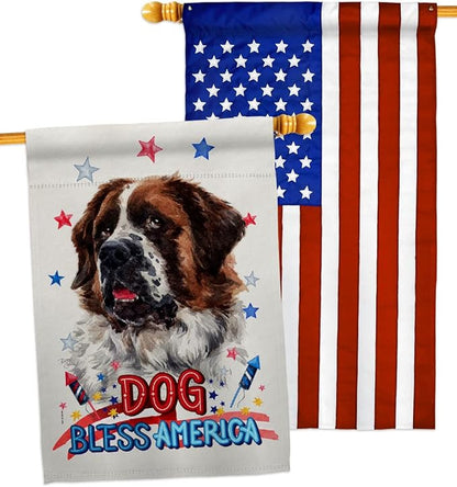 Breeze Decor Patriotic St Bernard Dog House Flag Pack Puppy Spoiled Paw Canine Fur Pet Nature Farm Animal Creature Applique Decoration Banner Small Garden Yard Gift Double-Sided, Made in USA
