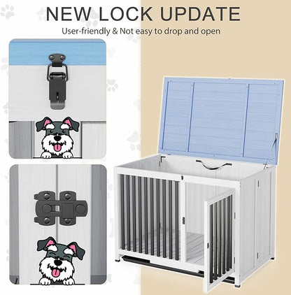 39.5in Furniture Dog Crate, Large/Medium Dog Crate End Table, Solid Wood Portable Foldable Indoor, No Assembly Needed (White and Blue)