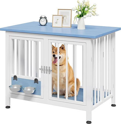 YITAHOME 39.3" Foldable Dog Crate Furniture, Portable Wooden Kennel End Table with Adjustable Feet & 360° Rotatable Bowls, Perfect for Small to Medium Dogs, Blue