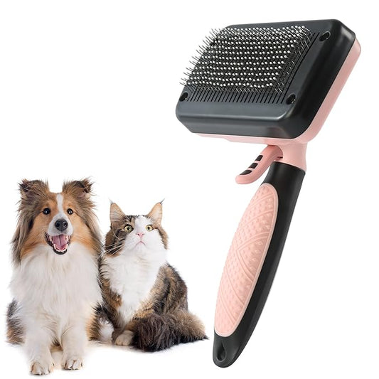 Dog & Cat Hair Brush,Self Cleaning Slicker Brush for Long Short Hair,Shedding & Grooming Pet Brush with Soft Bristle and Release Button,Pink
