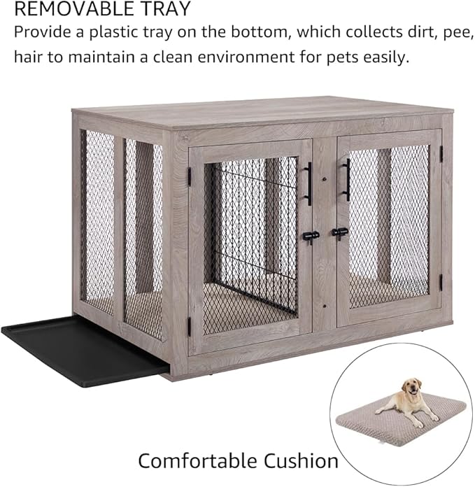 unipaws 46.7" Extra Large Dog Crate Furniture with Divider for 2 Dogs, Wooden Dog Kennel for XLarge Breed, XL Wood Dog Cage, End Table Crate with Tray, for Dogs Up to 90 lbs