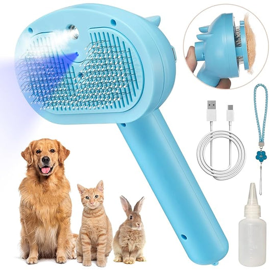 Pet Steam Hair Comb Brush for Shedding, 4 In 1 Spray Brush for Long & Short Haired Cat&Dog, Self-Cleaning Hair Remover with Water Tank And LED Blue Light, Release Button(Blue)