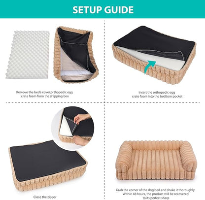 Thick Orthopedic Dog Bed for Large Dogs, Waterproof Supportive Foam Dog Sofa with Washable Cover, Faux Fur Comfy Bolster Couch Pet Beds with Nonskid Bottom (Beige, 36"x27")