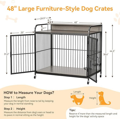 GAOMON 48" Dog Kennel Furniture for Large Dogs,Large Dog Crate, Wooden Heavy Duty, Dog Crate Indoor with Adjustable Height Bowls, 48" L X 29.9" W X 44.3" H,Grey
