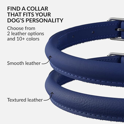 CollarDirect Rolled Leather Dog Collar, Soft Padded Round Puppy Collar, Handmade Genuine Leather Collar Dog Small Large Cat Collars 13 Colors (18-22 Inch, Deep Blue Smooth)