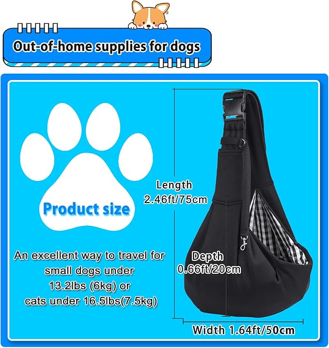 Kanemc Small Dog Sling Carrier Include Bottom Support, Puppies Cat Wrap Carrier Sling Adjustable Strap Zip Pocket, Hands Free Pets Pack for Outdoor Travel Vet (Black)