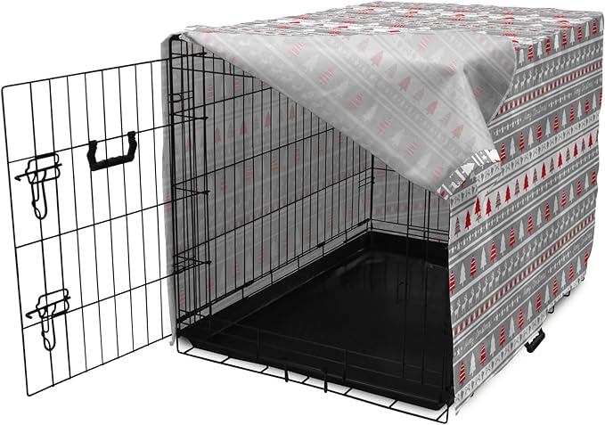 Ambesonne Christmas Dog Crate Cover, Xmas Border Deers Trees and Merry Christmas Lettering Bows Bells Image, Easy to Use Pet Kennel Cover for Cats & Medium Dogs, 24 Inch, Grey White and Red
