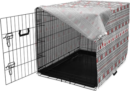 Ambesonne Christmas Dog Crate Cover, Xmas Border Deers Trees and Merry Christmas Lettering Bows Bells Image, Easy to Use Pet Kennel Cover for Cats & Medium Dogs, 24 Inch, Grey White and Red