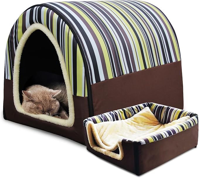 Cat Bed or Dog Bed,2 Ways to Use,Indoor Pet House with Fluffy Mat,Removable and Washable Cover,Splash-Proof House and Non-Slip Bottom,for Cats and Small Dogs(S Vertical Stripes)