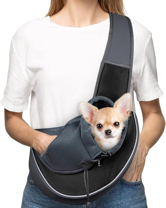 WOYYHO Pet Dog Sling Carrier Adjustable Strap Breathable Mesh Puppy Sling for Small Dogs with Zipper Touch Pocket Safety Leash Dog Sling Carrier for Outdoor Travel (M (4.5-9 lbs), Black)